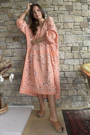 Kasbah Bubble Cotton Bandana Peasant Dress Apricot?